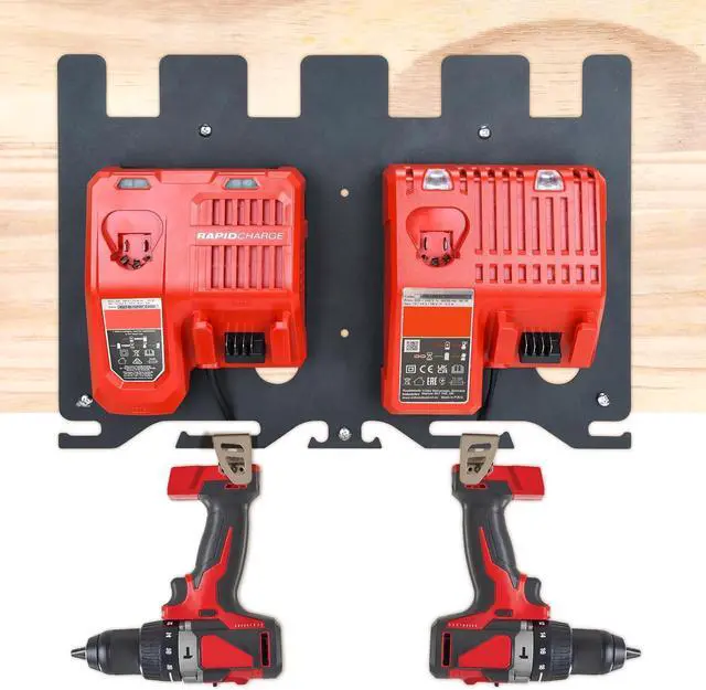 Alt view image 4 of 6 - 3-in-1 Metal Wall Mount Rack for Milwaukee Battery, Charger & Drill | 4-M18 Battery Capacity | Fits M12-18C/FC and M18 DFC Chargers | Alloy Steel Material | Space-Saving Wall-Mounted Storage