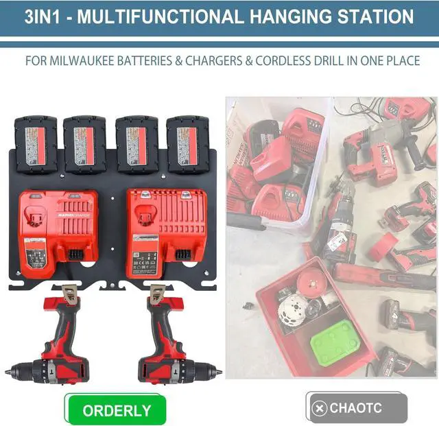 Alt view image 5 of 6 - 3-in-1 Metal Wall Mount Rack for Milwaukee Battery, Charger & Drill | 4-M18 Battery Capacity | Fits M12-18C/FC and M18 DFC Chargers | Alloy Steel Material | Space-Saving Wall-Mounted Storage