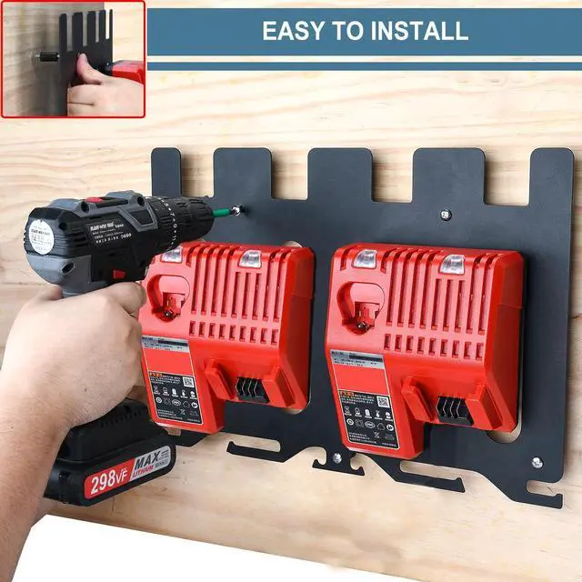 Alt view image 6 of 6 - 3-in-1 Metal Wall Mount Rack for Milwaukee Battery, Charger & Drill | 4-M18 Battery Capacity | Fits M12-18C/FC and M18 DFC Chargers | Alloy Steel Material | Space-Saving Wall-Mounted Storage