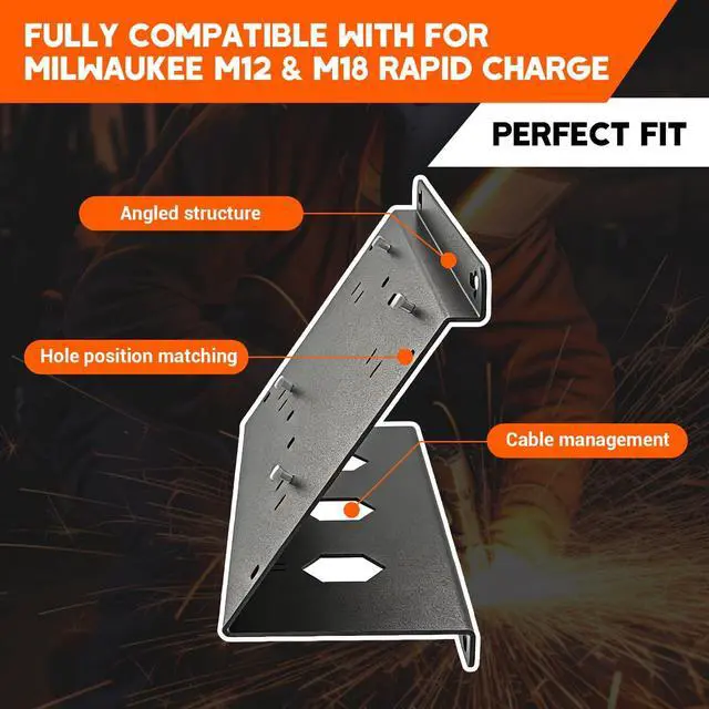 Alt view image 3 of 6 - Dual Angled Heavy-Duty Steel Wall Bracket for Milwaukee M18 & M12 Charger | Detachable Secure Holder Bracket, Easy Install on Pegboard Garage Workshop Wall Space Saving Power Tool Charging Storage