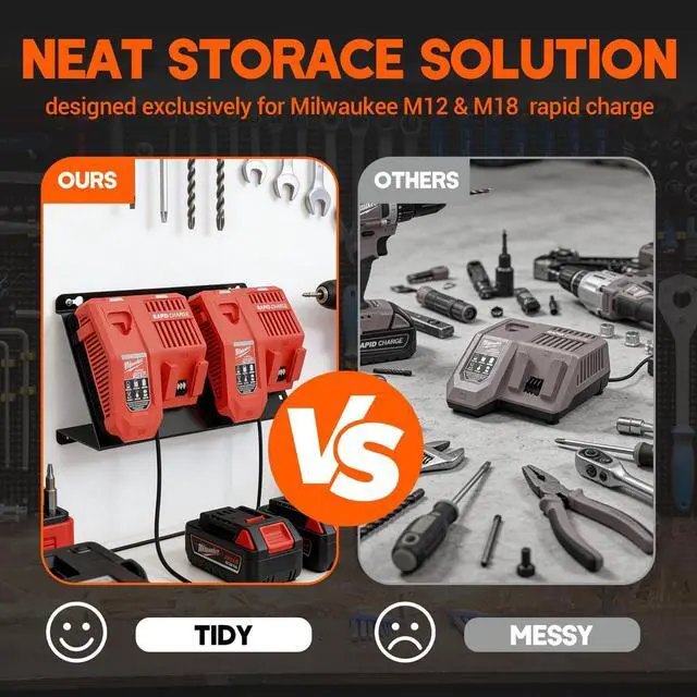 Alt view image 4 of 6 - Dual Angled Heavy-Duty Steel Wall Bracket for Milwaukee M18 & M12 Charger | Detachable Secure Holder Bracket, Easy Install on Pegboard Garage Workshop Wall Space Saving Power Tool Charging Storage