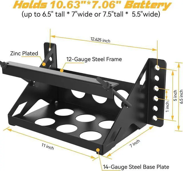 Alt view image 3 of 7 - Metal Steel Battery Mounting Box Tray Bracket DIY,Easy Bolt-In Battery Tray,Overall Length - Fits up to a 10.63 × 7.06 × 7.5 Battery, Anti-corrosion, No Rusting