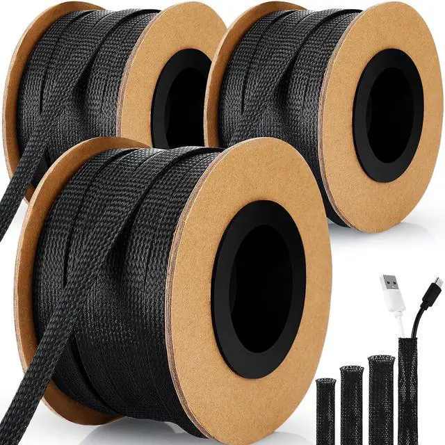 Main image of Braided Wire Loom 1/4, 1/2, 3/8'' X 450 Ft, Black | PET Mesh Wire Loom, Expandable Braided Wire Sleeve, Cable Sleeving, For TV Computer Home Theater