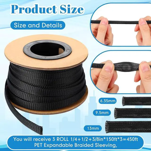 Alt view image 2 of 7 - Braided Wire Loom 1/4, 1/2, 3/8'' X 450 Ft, Black | PET Mesh Wire Loom, Expandable Braided Wire Sleeve, Cable Sleeving, For TV Computer Home Theater