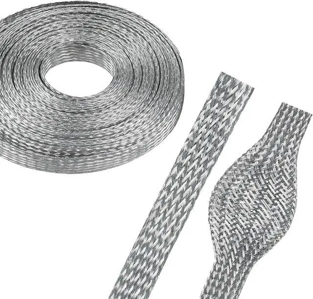 Main image of 5/16" Wide Tinned Copper Braided Metal Wire Shielding Sleeve Ground Strap Automotive Flat Mesh Flexible Expandable Sheath (8mm ID-42ft)