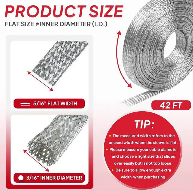 Alt view image 2 of 7 - 5/16" Wide Tinned Copper Braided Metal Wire Shielding Sleeve Ground Strap Automotive Flat Mesh Flexible Expandable Sheath (8mm ID-42ft)
