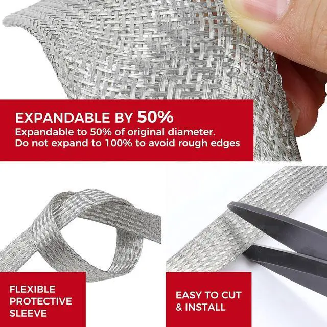 Alt view image 5 of 7 - 5/16" Wide Tinned Copper Braided Metal Wire Shielding Sleeve Ground Strap Automotive Flat Mesh Flexible Expandable Sheath (8mm ID-42ft)