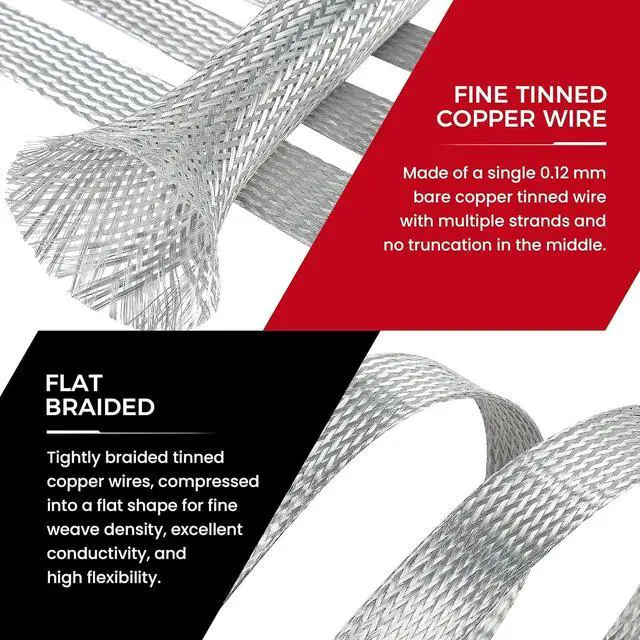 Alt view image 3 of 7 - 5/16" Wide Tinned Copper Braided Metal Wire Shielding Sleeve Ground Strap Automotive Flat Mesh Flexible Expandable Sheath (8mm ID-42ft)