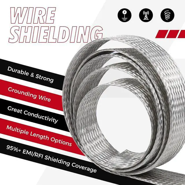 Alt view image 4 of 7 - 5/16" Wide Tinned Copper Braided Metal Wire Shielding Sleeve Ground Strap Automotive Flat Mesh Flexible Expandable Sheath (8mm ID-42ft)