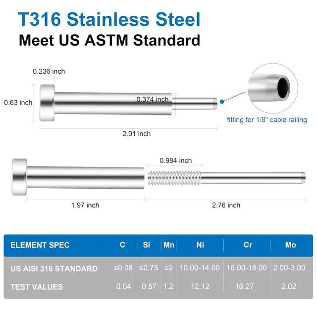 Alt view image 2 of 6 - 20 Pack Invisible Cable Railing Kit 1/8" Cable Railing Tensioner Invisible Receiver and Swage Stud End for Cable Railing Hardware, T316 Swage Tensioner and Terminal Hidden for 4x4 2x2 Wood/Metal Post