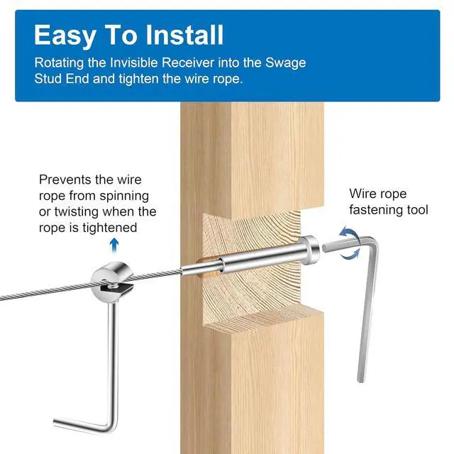 Alt view image 5 of 6 - 20 Pack Invisible Cable Railing Kit 1/8" Cable Railing Tensioner Invisible Receiver and Swage Stud End for Cable Railing Hardware, T316 Swage Tensioner and Terminal Hidden for 4x4 2x2 Wood/Metal Post