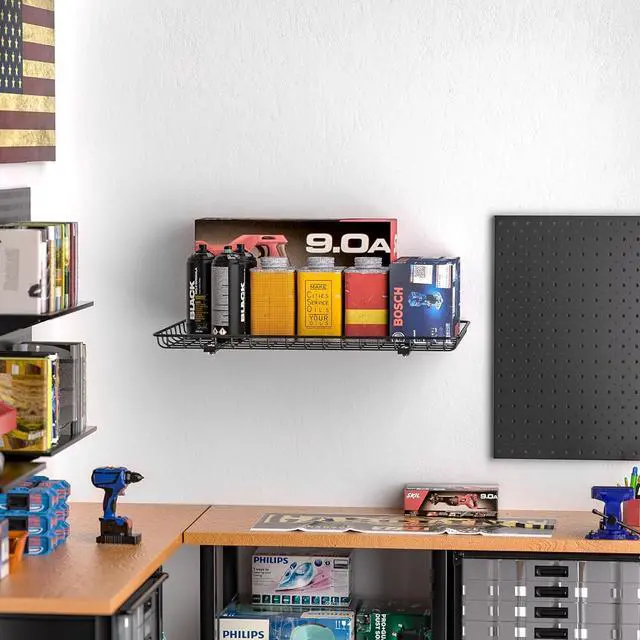 Alt view image 2 of 7 - Wall Mounted Storage Shelf, Garage Wall Shelves 24x12 Inch | Metal Shelf Rack, Heavy-Duty Wall Organizer for Closet, Kitchen, Laundry Room 2 Pack, Black