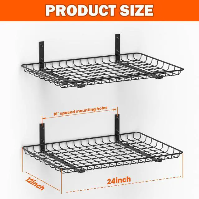 Alt view image 3 of 7 - Wall Mounted Storage Shelf, Garage Wall Shelves 24x12 Inch | Metal Shelf Rack, Heavy-Duty Wall Organizer for Closet, Kitchen, Laundry Room 2 Pack, Black