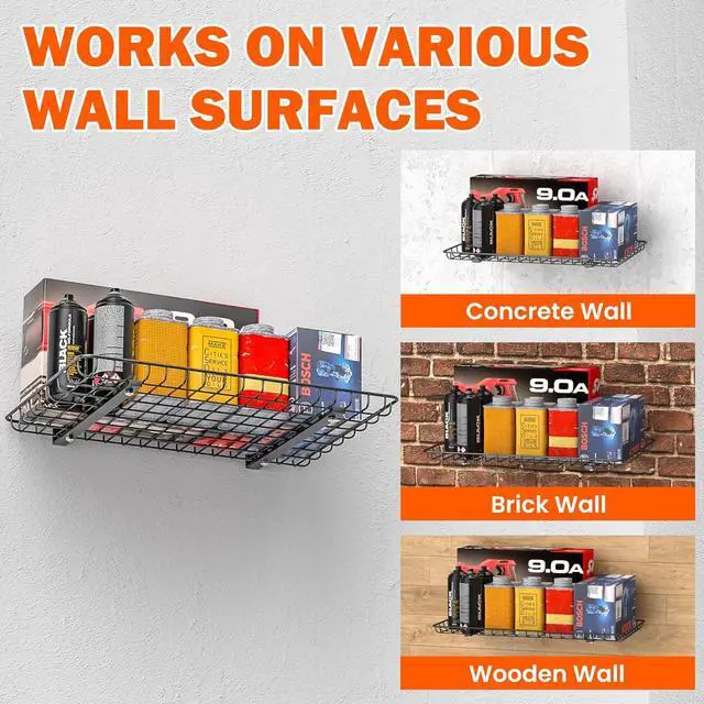 Alt view image 7 of 7 - Wall Mounted Storage Shelf, Garage Wall Shelves 24x12 Inch | Metal Shelf Rack, Heavy-Duty Wall Organizer for Closet, Kitchen, Laundry Room 2 Pack, Black
