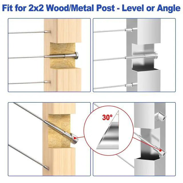 Alt view image 4 of 6 - 24 Pack Invisible Cable Railing Kit 1/8" Cable Railing Tensioner Invisible Receiver and Swage Stud End for Cable Railing Hardware, T316 Swage Tensioner and Terminal Hidden for 2x2 Wood/Metal Post
