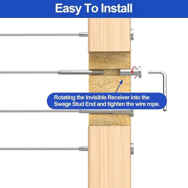 Alt view image 5 of 6 - 24 Pack Invisible Cable Railing Kit 1/8" Cable Railing Tensioner Invisible Receiver and Swage Stud End for Cable Railing Hardware, T316 Swage Tensioner and Terminal Hidden for 2x2 Wood/Metal Post