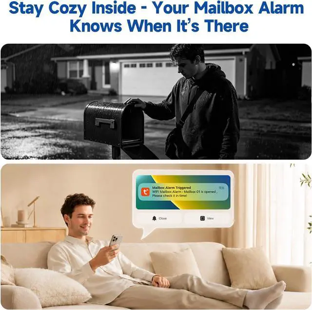 Alt view image 2 of 7 - WiFi Mailbox Chime with Wireless, Smart Mailbox Alarm Sensor for Delivered | Mail Alert Universal Fit for Outside Wall Mount & Curbside Post, 32 Ringtones, 110dB Volume, White