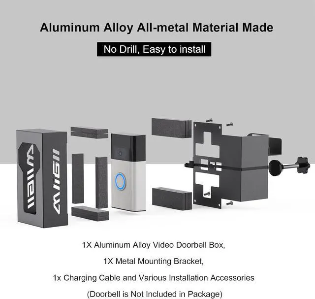 Alt view image 7 of 7 - No Drill Doorbell Mount Metal Anti-Theft Charging Port | All-metal anti-theft bracket, with Charging port, No-drill for apartment/renters, Fits Ring/Blink, Won't block motion sensor