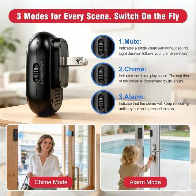 Alt view image 5 of 7 - Door Chime, 2-in-1 Door Alarm with One-Time Chime or Continuous Alert Mode, Door Open Alert for Kids & Elderly Safety, Home & Business, IP55 Waterproof Sensor, 800FT Range, 30 Chimes, 5 Volume