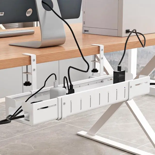 Main image of Under Desk Cable Management Tray, Expandable Length 25.2"-38.6",No Drill No Damage to Desk,Cable Tray with Clamp for with Wire Management,for Cord Organizer for Home Office Standing Desk, White