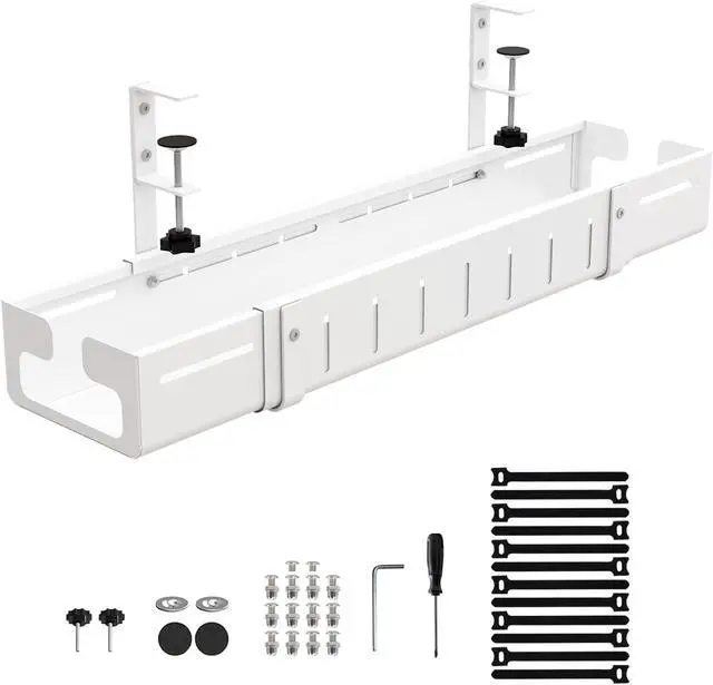 Alt view image 2 of 7 - Under Desk Cable Management Tray, Expandable Length 25.2"-38.6",No Drill No Damage to Desk,Cable Tray with Clamp for with Wire Management,for Cord Organizer for Home Office Standing Desk, White