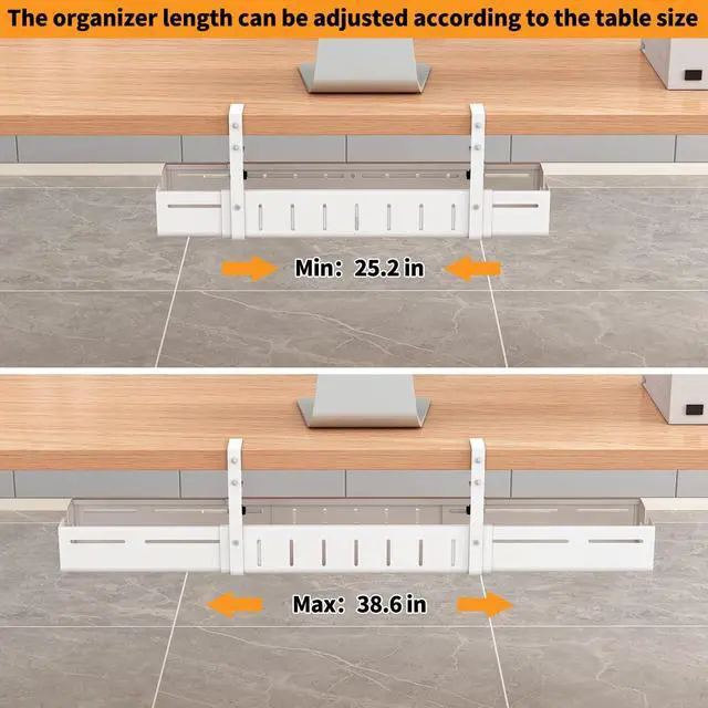 Alt view image 3 of 7 - Under Desk Cable Management Tray, Expandable Length 25.2"-38.6",No Drill No Damage to Desk,Cable Tray with Clamp for with Wire Management,for Cord Organizer for Home Office Standing Desk, White