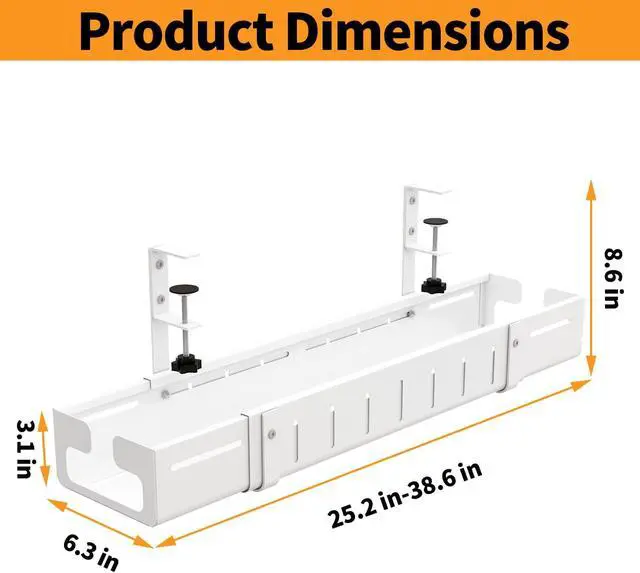 Alt view image 5 of 7 - Under Desk Cable Management Tray, Expandable Length 25.2"-38.6",No Drill No Damage to Desk,Cable Tray with Clamp for with Wire Management,for Cord Organizer for Home Office Standing Desk, White