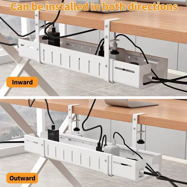 Alt view image 4 of 7 - Under Desk Cable Management Tray, Expandable Length 25.2"-38.6",No Drill No Damage to Desk,Cable Tray with Clamp for with Wire Management,for Cord Organizer for Home Office Standing Desk, White