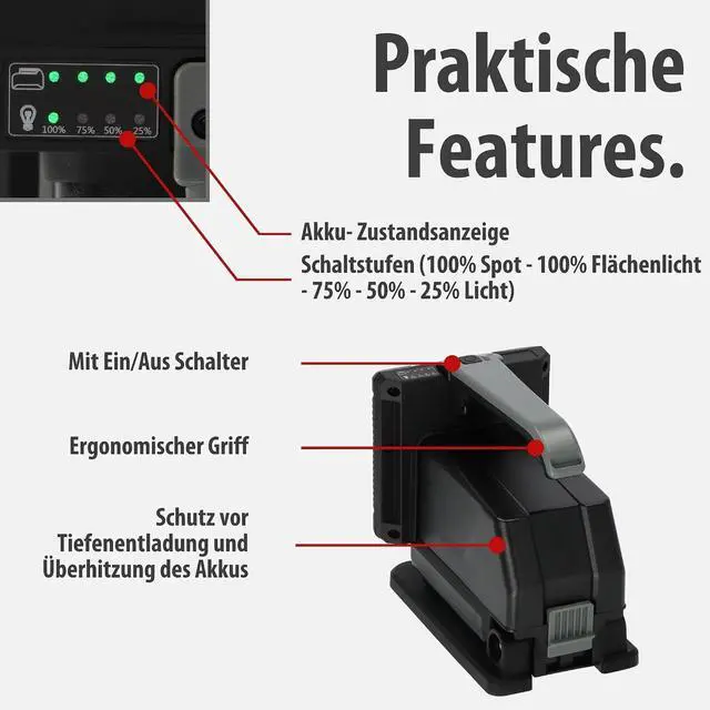 Alt view image 4 of 7 - Professional Multi Battery LED Portable Work Light HL 3000 (20W, 1140 + 2160lm, IP54, Compatible with 18V Batteries from 11 Different Power Tool Manufacturers, Engineered in Germany)