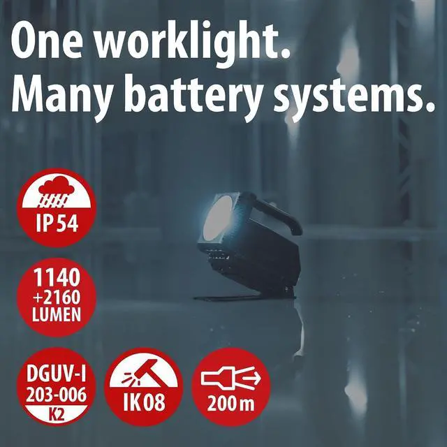 Alt view image 2 of 7 - Professional Multi Battery LED Portable Work Light HL 3000 (20W, 1140 + 2160lm, IP54, Compatible with 18V Batteries from 11 Different Power Tool Manufacturers, Engineered in Germany)
