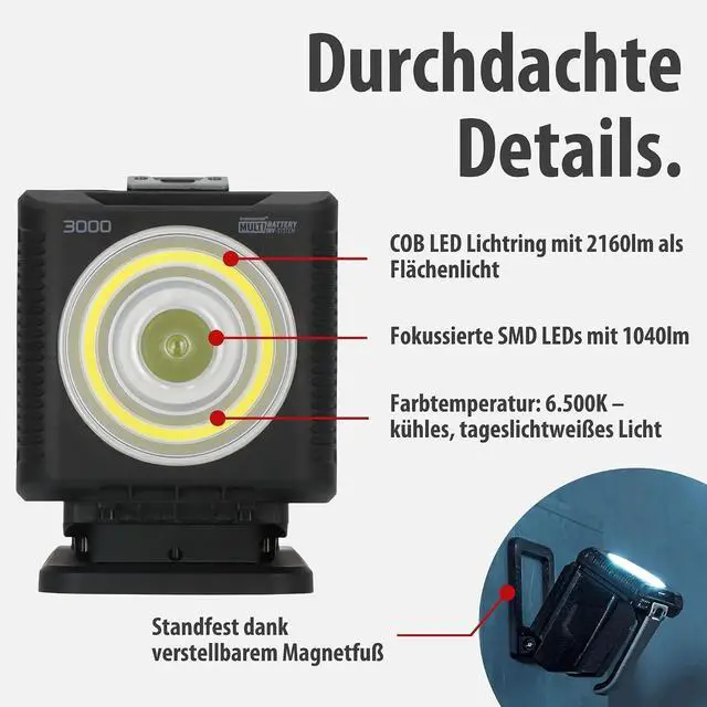 Alt view image 3 of 7 - Professional Multi Battery LED Portable Work Light HL 3000 (20W, 1140 + 2160lm, IP54, Compatible with 18V Batteries from 11 Different Power Tool Manufacturers, Engineered in Germany)