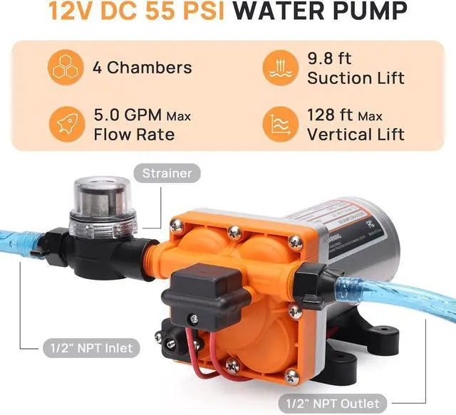 Alt view image 2 of 7 - 5.0 GPM 55 psi RV Water Pump, 12V DC Self-Priming Diaphragm Pump | Water Pressure Pump with Pressure Switch and Overheating Protection, for RV, Marine, Boat, Yacht, Camper, Garden, Irrigation