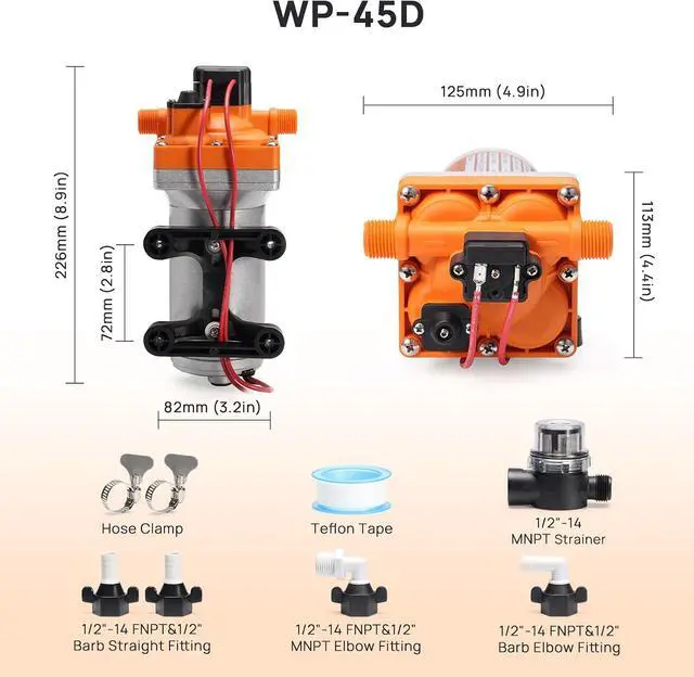 Alt view image 7 of 7 - 5.0 GPM 55 psi RV Water Pump, 12V DC Self-Priming Diaphragm Pump | Water Pressure Pump with Pressure Switch and Overheating Protection, for RV, Marine, Boat, Yacht, Camper, Garden, Irrigation