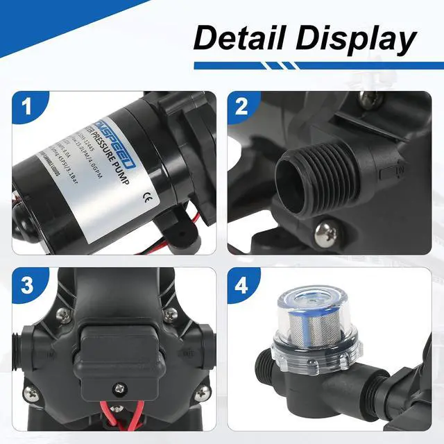 Alt view image 5 of 7 - RV Water Pump, 12V DC 4.0 GPM 45 PSI, Self-Priming Diaphragm Pressure Pump | with Pressure Switch, for RV Camper Kitchen Bathroom Garden Marine Yacht