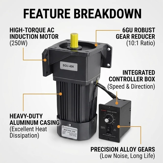 Alt view image 3 of 7 - 250W 110V AC Gear Motor Set with Adjustable Speed Controller + Bracket | Pure Copper, Reversible, Single Phase Variable Speed, 10K, for Heavy Machinery or Industrial Equipment