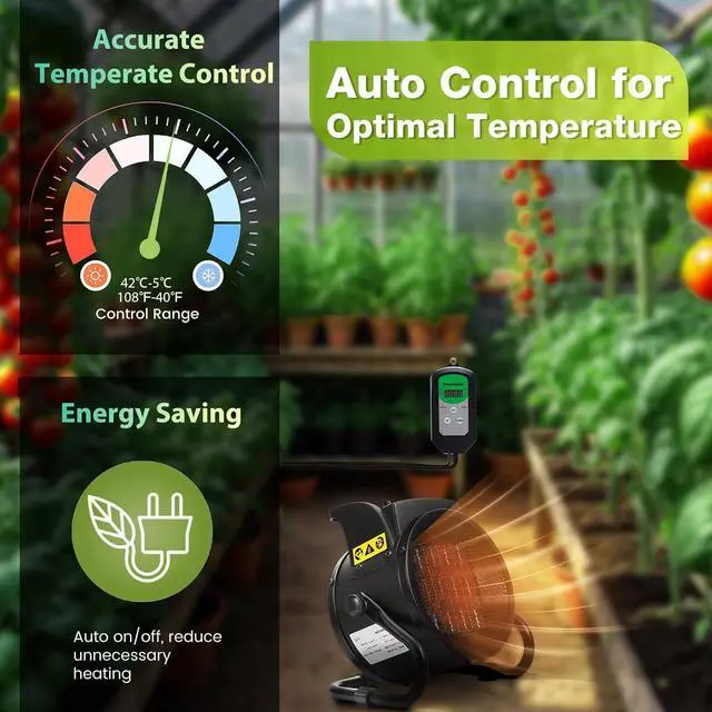 Alt view image 2 of 6 - Greenhouse Heater with Thermostat, Auto Temperature Control Kit with Digital Display, Fast Heating, Overheat Protection, for Grow Tent, Greenhouse, Flower Room, Patio, Winter Plants