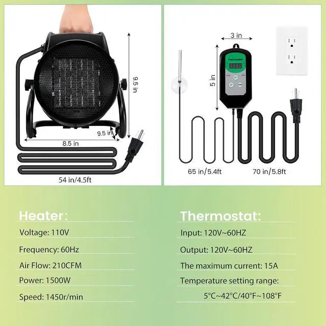 Alt view image 5 of 6 - Greenhouse Heater with Thermostat, Auto Temperature Control Kit with Digital Display, Fast Heating, Overheat Protection, for Grow Tent, Greenhouse, Flower Room, Patio, Winter Plants
