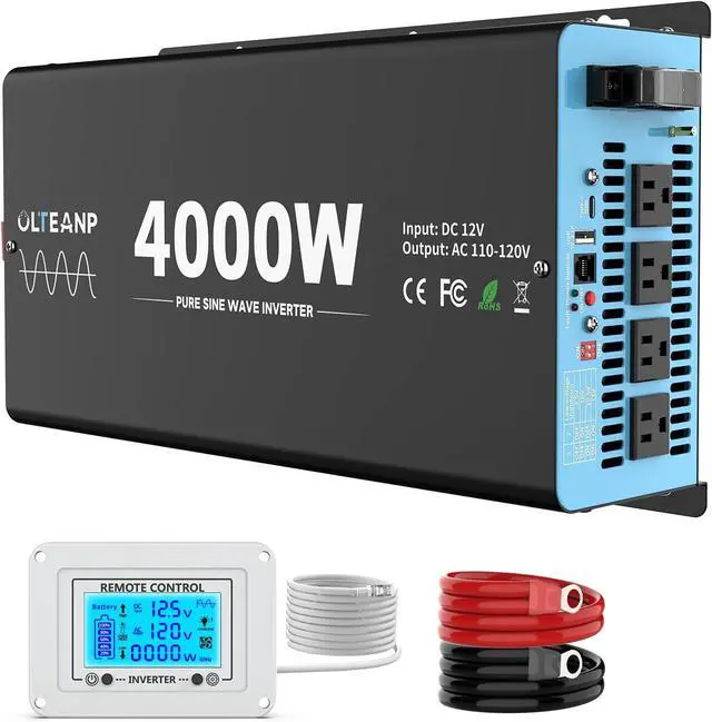 Main image of 4000 Watts Pure Sine Wave Inverter 12V DC to 110V AC, 8000W Peak Power, 4 AC Outlets, USB & Type-C Port, Adjustable Input for Lithium Battery, RV/Truck/Boat/Solar Backup with LCD Remote