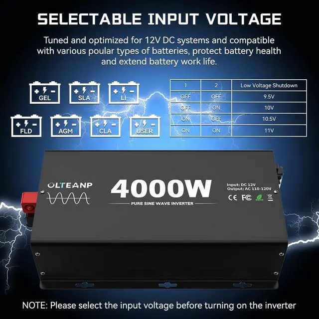 Alt view image 2 of 7 - 4000 Watts Pure Sine Wave Inverter 12V DC to 110V AC, 8000W Peak Power, 4 AC Outlets, USB & Type-C Port, Adjustable Input for Lithium Battery, RV/Truck/Boat/Solar Backup with LCD Remote