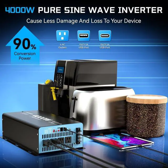 Alt view image 5 of 7 - 4000 Watts Pure Sine Wave Inverter 12V DC to 110V AC, 8000W Peak Power, 4 AC Outlets, USB & Type-C Port, Adjustable Input for Lithium Battery, RV/Truck/Boat/Solar Backup with LCD Remote