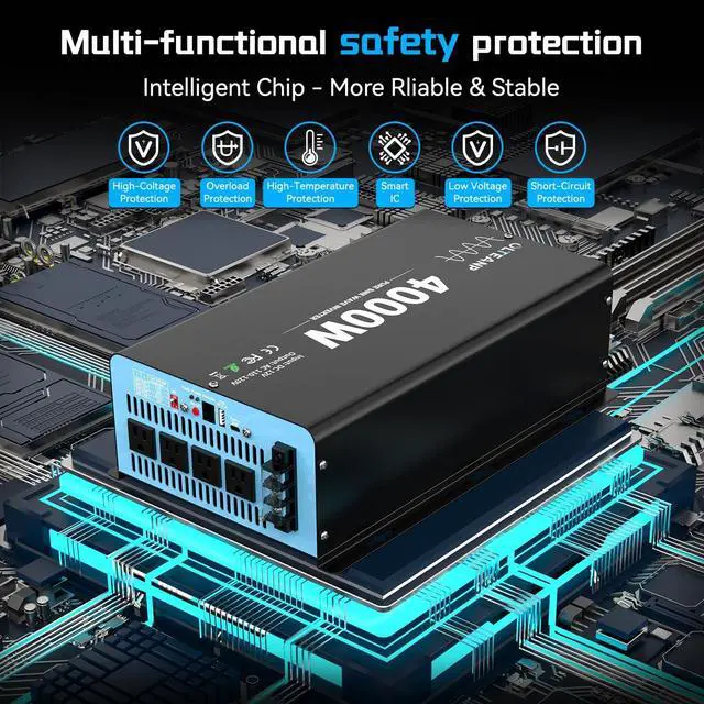 Alt view image 6 of 7 - 4000 Watts Pure Sine Wave Inverter 12V DC to 110V AC, 8000W Peak Power, 4 AC Outlets, USB & Type-C Port, Adjustable Input for Lithium Battery, RV/Truck/Boat/Solar Backup with LCD Remote