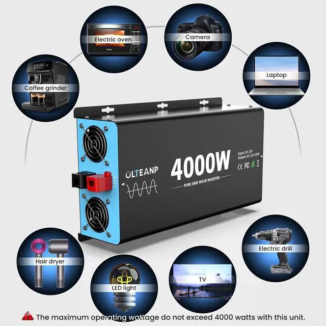 Alt view image 7 of 7 - 4000 Watts Pure Sine Wave Inverter 12V DC to 110V AC, 8000W Peak Power, 4 AC Outlets, USB & Type-C Port, Adjustable Input for Lithium Battery, RV/Truck/Boat/Solar Backup with LCD Remote