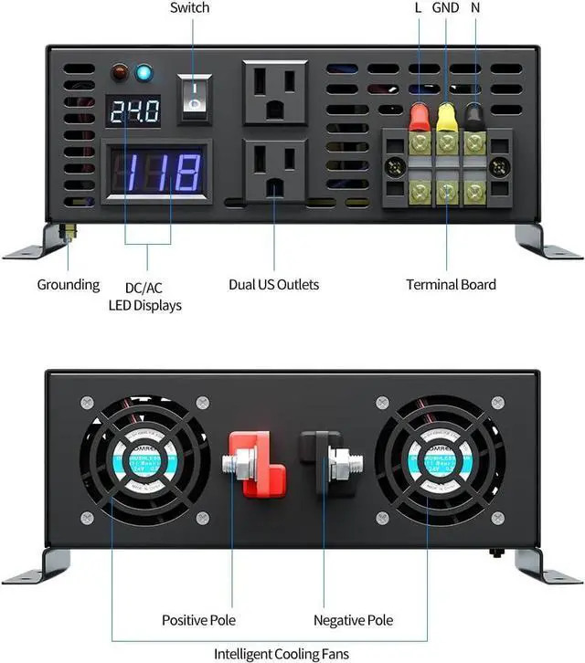 Alt view image 2 of 5 - Reliable 3000w Pure Sine Wave Solar Power Inverter 24v 110-120v 60hz With LED Display (Black) Solar System (RBP-3000S-LEDblack)