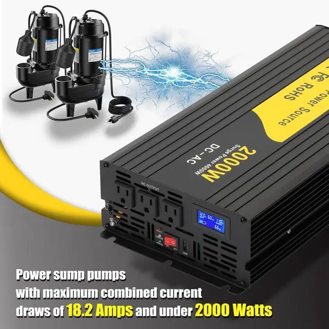 Alt view image 3 of 7 - 2000W Primary Sump Pump Backup System, Basment Protection Backup Inverter | LCD Display, Auto Switches for Continuous Sump Pump Operation, Basement Emergency and Power Outage Backup