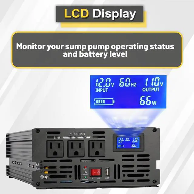 Alt view image 5 of 7 - 2000W Primary Sump Pump Backup System, Basment Protection Backup Inverter | LCD Display, Auto Switches for Continuous Sump Pump Operation, Basement Emergency and Power Outage Backup