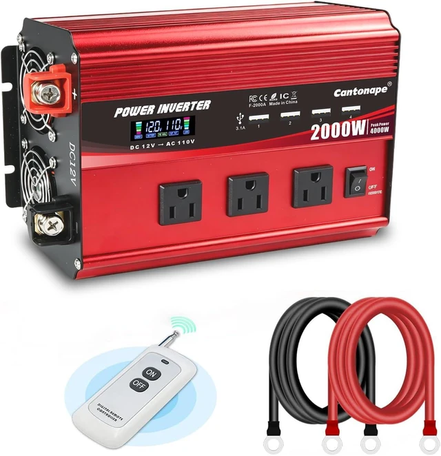 Main image of 2000W Power Inverter 12V to 110V/120V DC to AC with LCD Display | Remote Controller, 3 x AC Outlets & 4 x 3.1A USB Car Adapter for Car Truck Boat RV Solar System