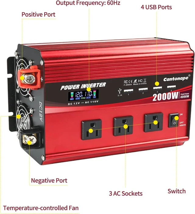 Alt view image 2 of 7 - 2000W Power Inverter 12V to 110V/120V DC to AC with LCD Display | Remote Controller, 3 x AC Outlets & 4 x 3.1A USB Car Adapter for Car Truck Boat RV Solar System