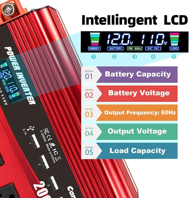 Alt view image 3 of 7 - 2000W Power Inverter 12V to 110V/120V DC to AC with LCD Display | Remote Controller, 3 x AC Outlets & 4 x 3.1A USB Car Adapter for Car Truck Boat RV Solar System