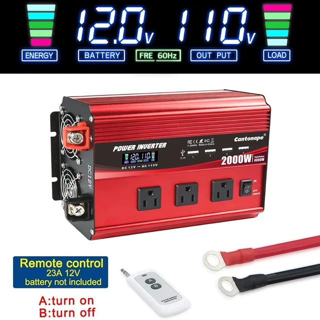 Alt view image 5 of 7 - 2000W Power Inverter 12V to 110V/120V DC to AC with LCD Display | Remote Controller, 3 x AC Outlets & 4 x 3.1A USB Car Adapter for Car Truck Boat RV Solar System