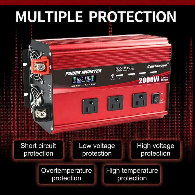 Alt view image 6 of 7 - 2000W Power Inverter 12V to 110V/120V DC to AC with LCD Display | Remote Controller, 3 x AC Outlets & 4 x 3.1A USB Car Adapter for Car Truck Boat RV Solar System